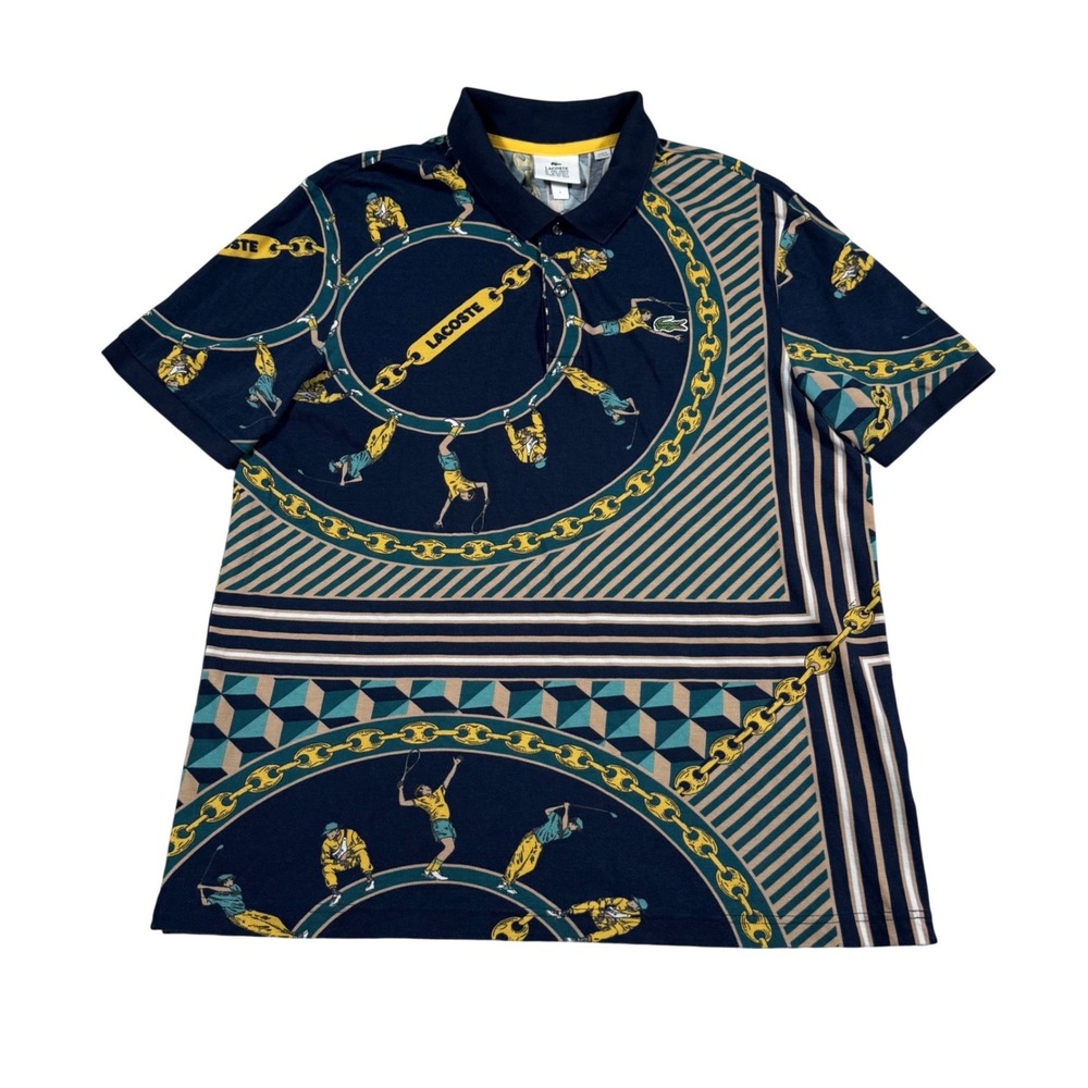 Lacoste LIVE Polo Shirt Mens L Navy Blue Graphic Tennis Golf Scarf Print 1241